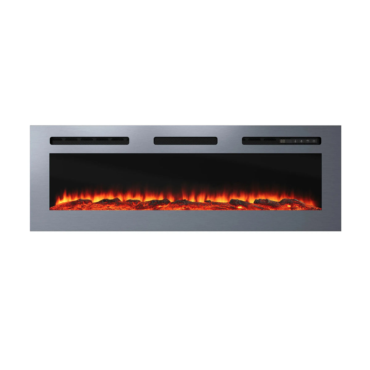 Premium 50/60 Inch Electric Wall-Mounted Fireplace Insert with Stainless Steel Surface & 12 Dynamic Flame Modes (60 Inch / Silver)