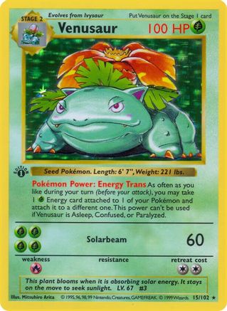 Venusaur 15 - Base Set Shadowless 1st Edition Holofoil (Lightly Played)