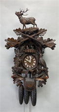 German Cuckoo Clock, Vintage Black Forest Clock, Carved Wood Deer Hunter Clock