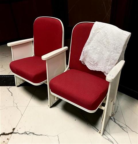 2 Theater Seats, Vintage Red Upholstered Tip-Up Cinema Auditorium Seating, A32