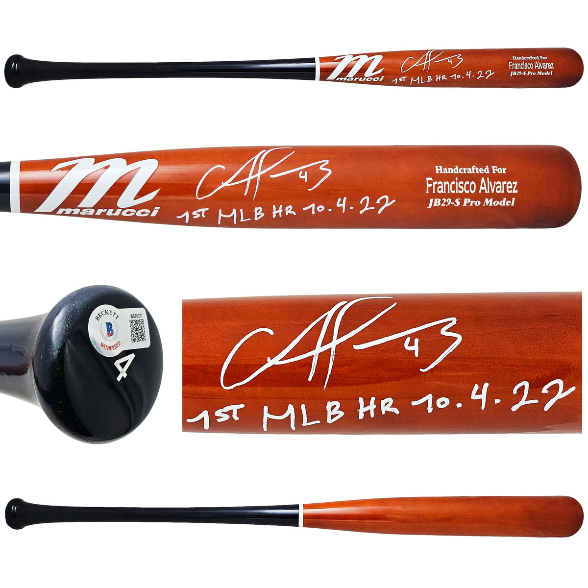 Francisco Alvarez Autographed Orange/Blue Marucci Pro Model Bat New York Mets "1st MLB HR 10-4-22" Beckett BAS Witness Stock #218049