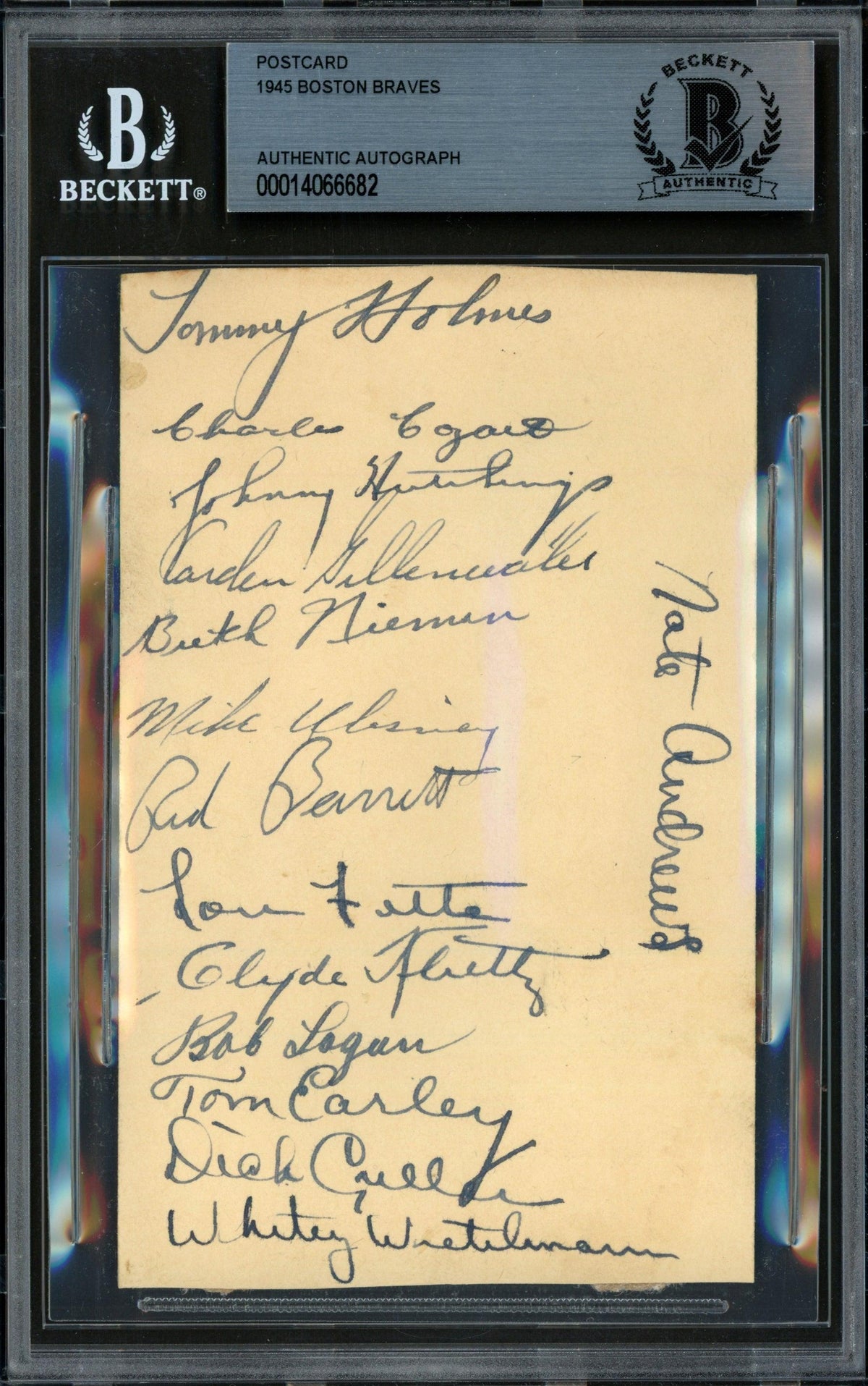 1945 Boston Braves Autographed 3.25x5.5 Government Postcard With 14 Signatures Beckett BAS #14066682