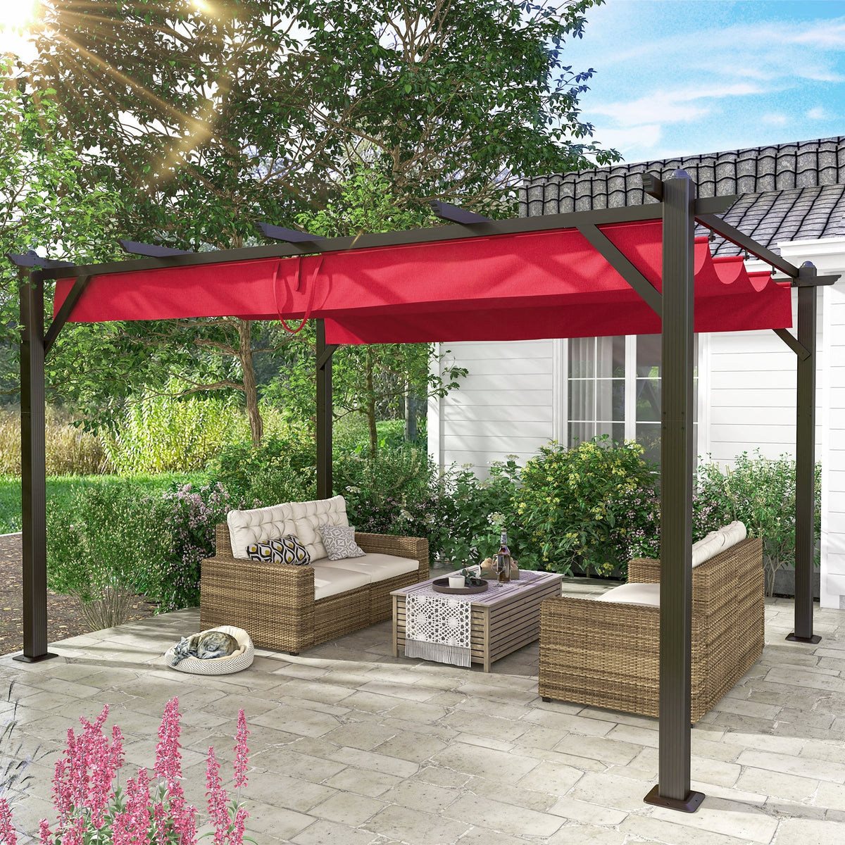 13' X 10' Retractable Pergola, Patio Gazebo Grape Trellis with Removable Sun Shade Canopy（Wine Red）