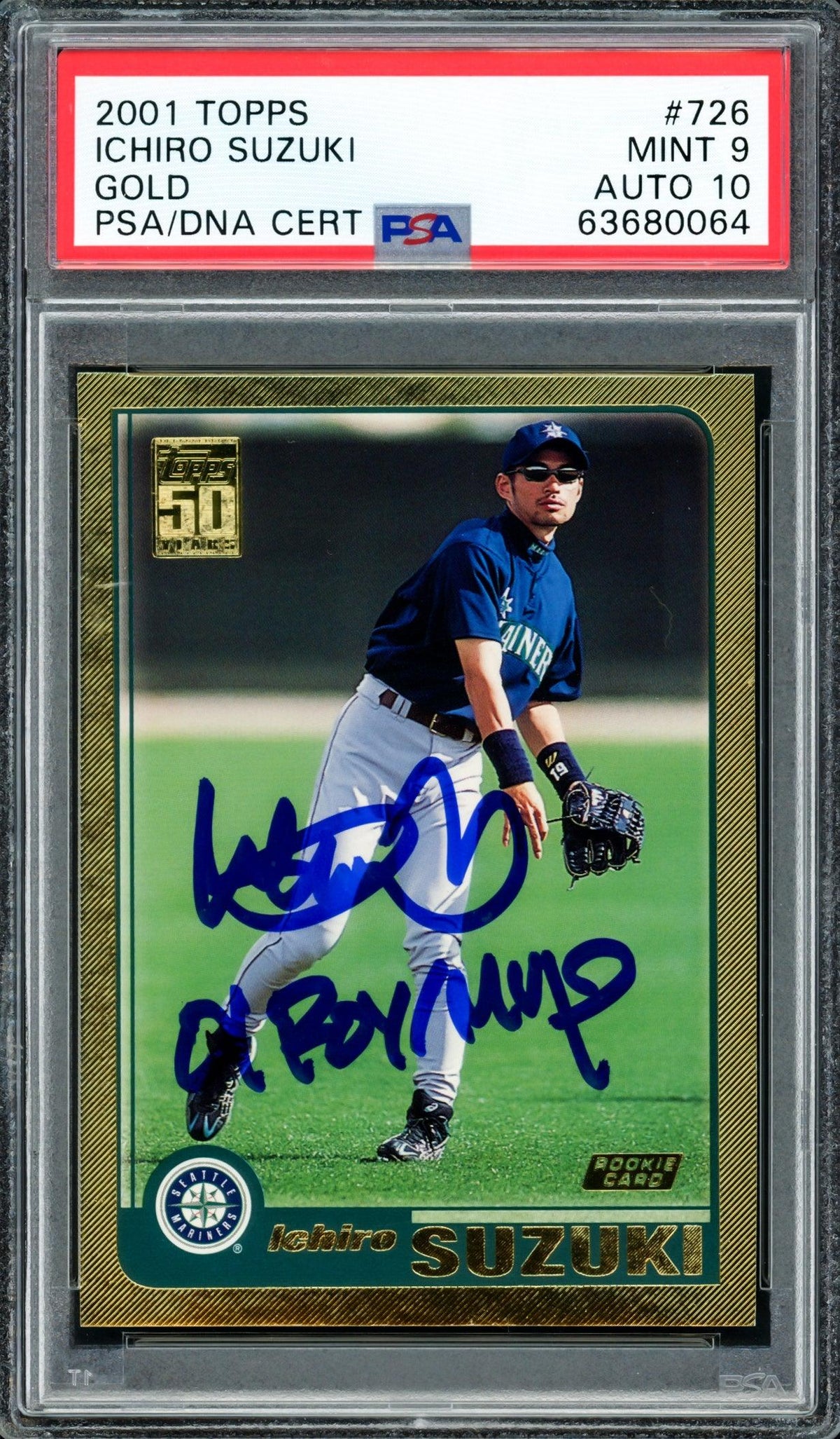 Ichiro Suzuki Autographed 2001 Topps Gold Rookie Card #726 Seattle Mariners PSA 9 Auto Grade Gem Mint 10 "01 ROY/MVP" Highest Graded PSA/DNA #63680064