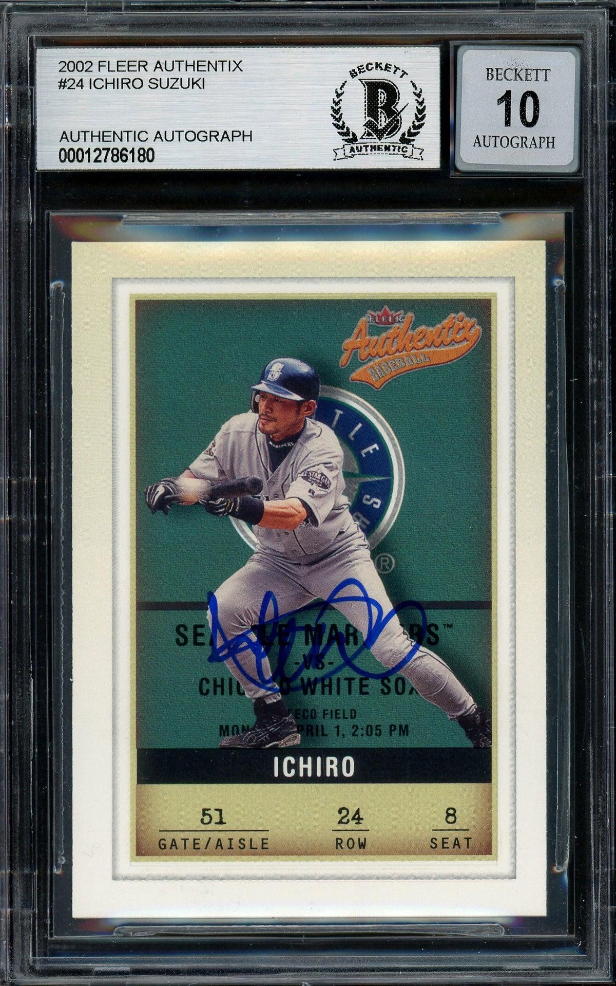 Ichiro Suzuki Autographed 2002 Fleer Authentix Card #24 Seattle Mariners Auto Grade Gem Mint 10 Beckett BAS #12786180