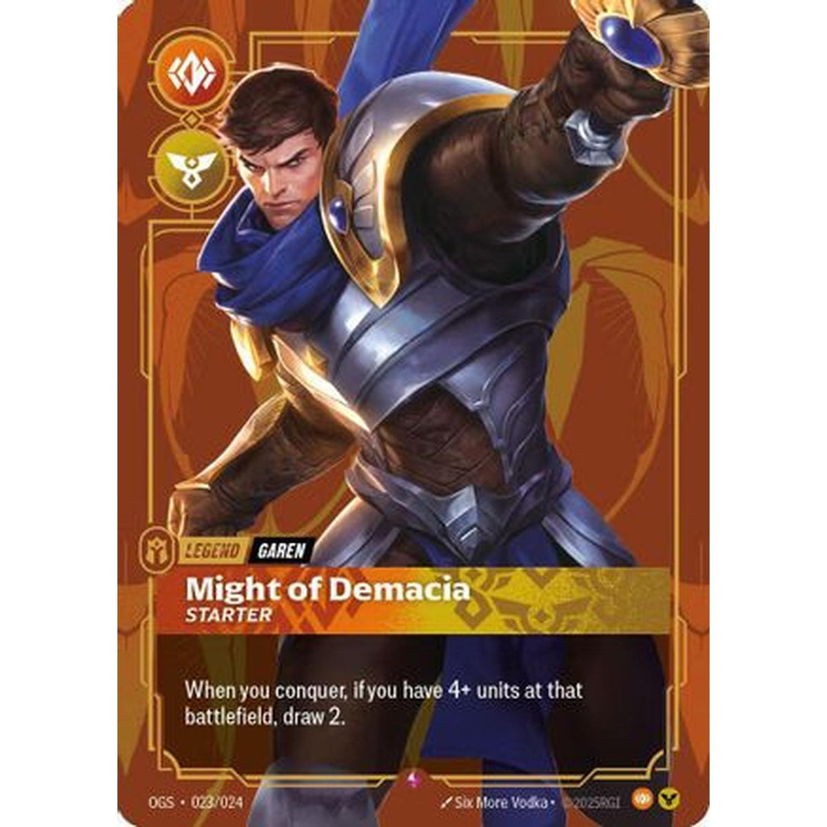 Garen - Might of Demacia (Metal) (023/024) [Riftbound Organized Play Promotional Cards] Foil (Near Mint)