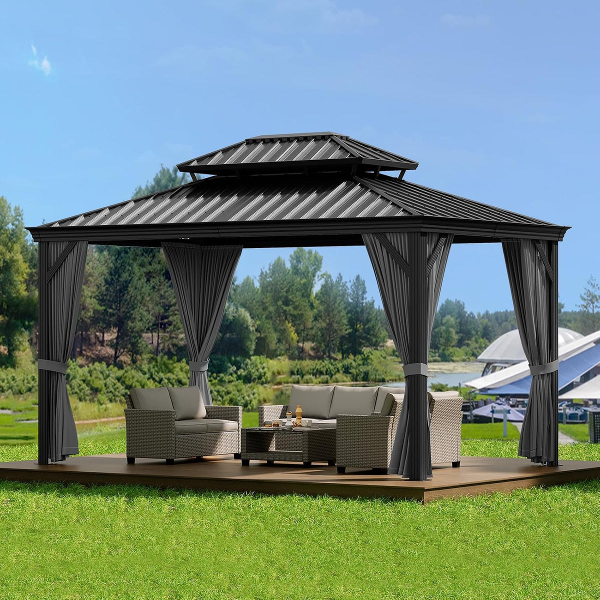 10' x 10' Hardtop Gazebo with Curtains and Netting, Permanent Outdoor Patio Gazebo with Aluminum Frame and Double Polycarbonate Roof for Backyard, Lawn, Deck and Garden (Brown / 10' x 10')