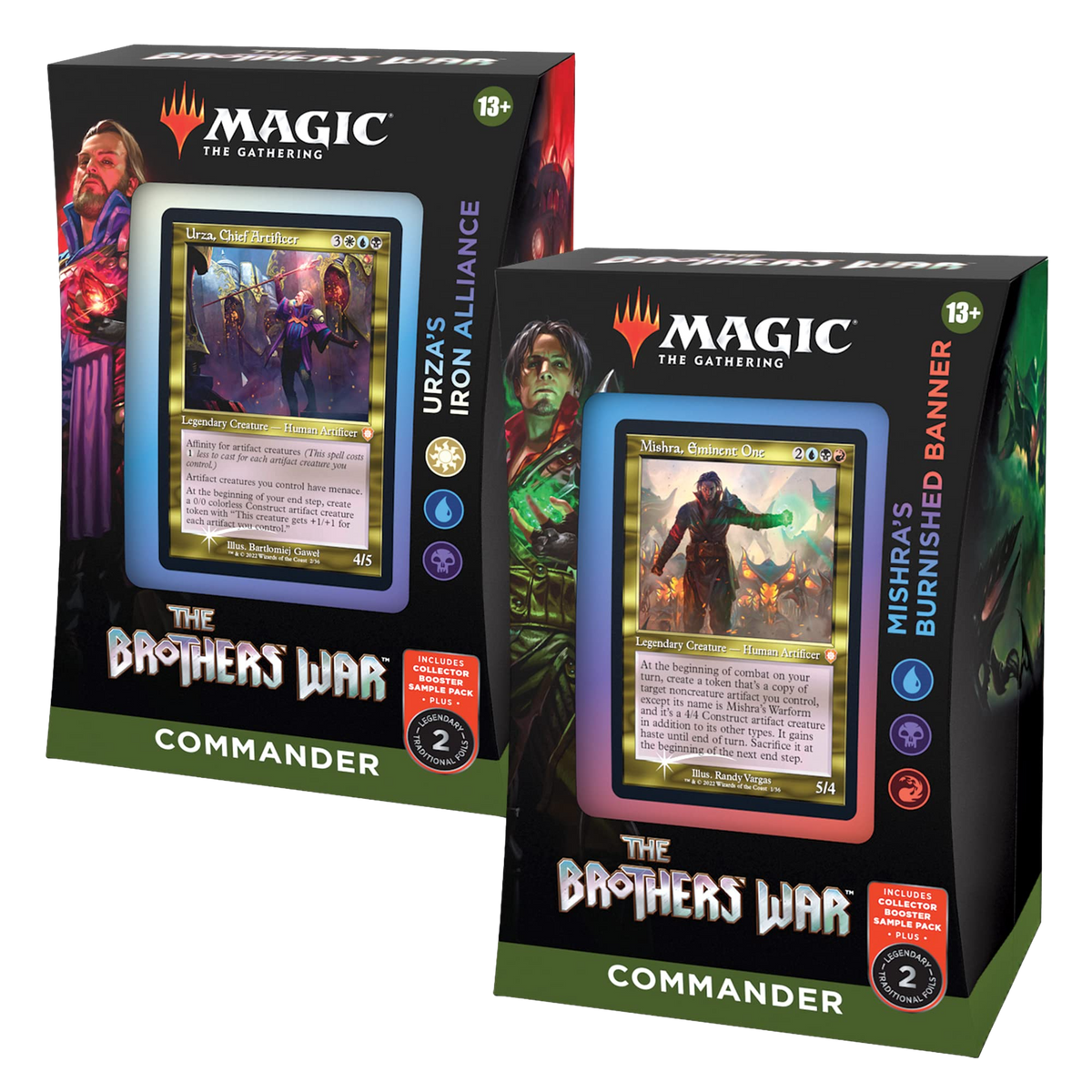 Magic the Gathering: The Brothers' War - Mishra’s Burnished Banner & Urza's Iron Alliance + Collector Booster Sample Pack Retro-Frame Commander Decks & Cases (Factory Sealed Display of 4 Commander Decks (2 of Each))