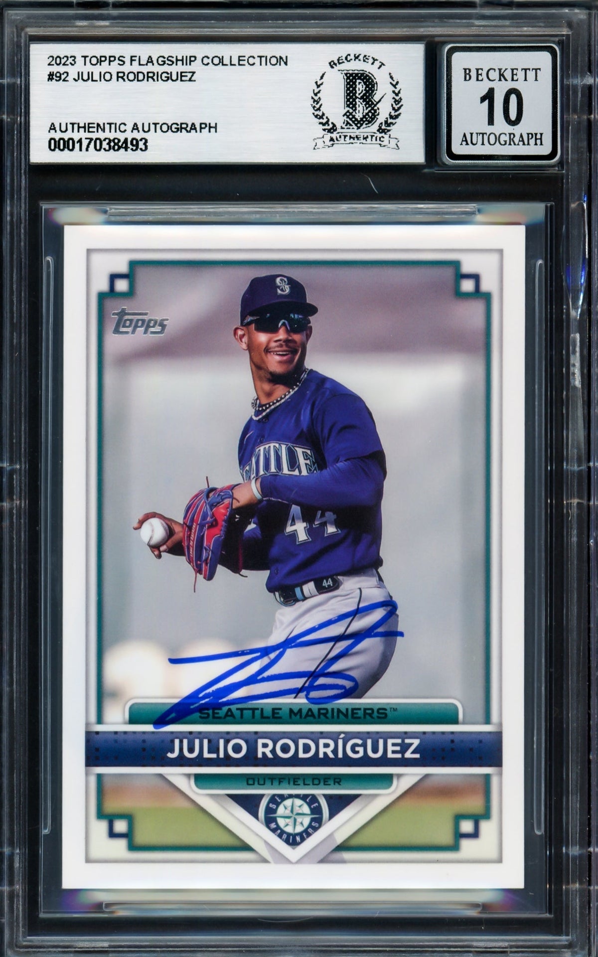 Julio Rodriguez Autographed 2023 Topps Flagship Collection Card #92 Seattle Mariners Auto Grade Gem Mint 10 Beckett BAS #17038493