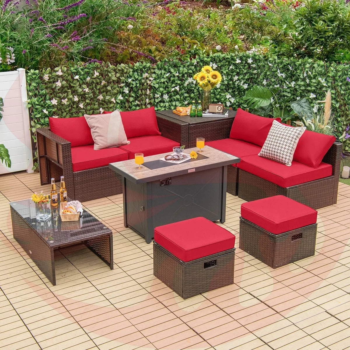 9 Pieces Outdoor Patio Furniture Set with 42 Inch Propane Fire Pit Table-Red (White)