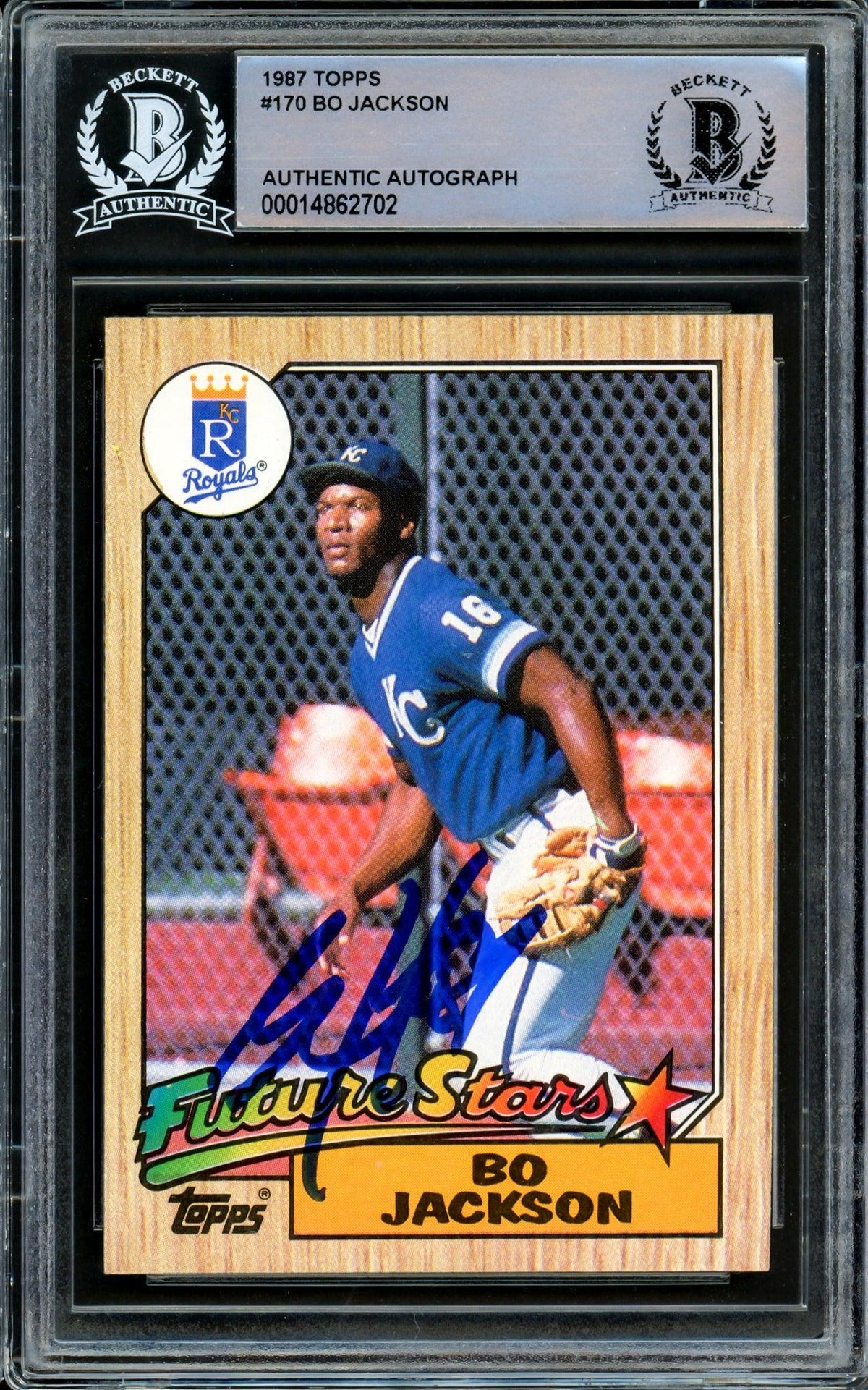 Bo Jackson Autographed 1987 Topps Rookie Card #170 Kansas City Royals Beckett BAS Stock #209774