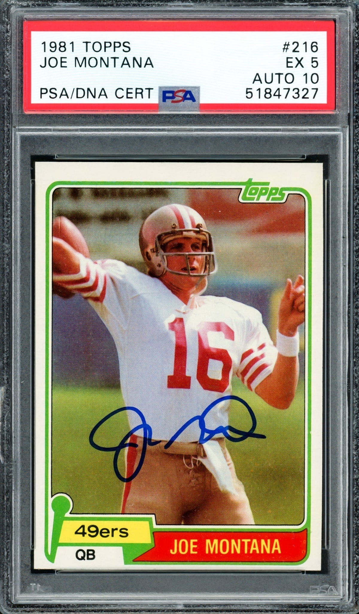Joe Montana Autographed 1981 Topps Rookie Card #216 San Francisco 49ers PSA 5 Auto Grade Gem Mint 10 PSA/DNA #51847327