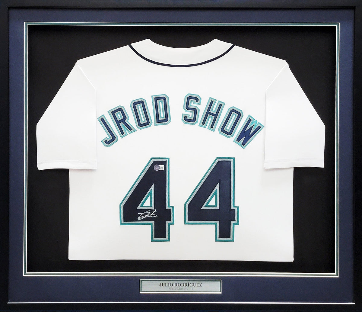 Seattle Mariners Julio Rodriguez Autographed Framed White Jersey JROD Show Beckett BAS Witness Stock #210990