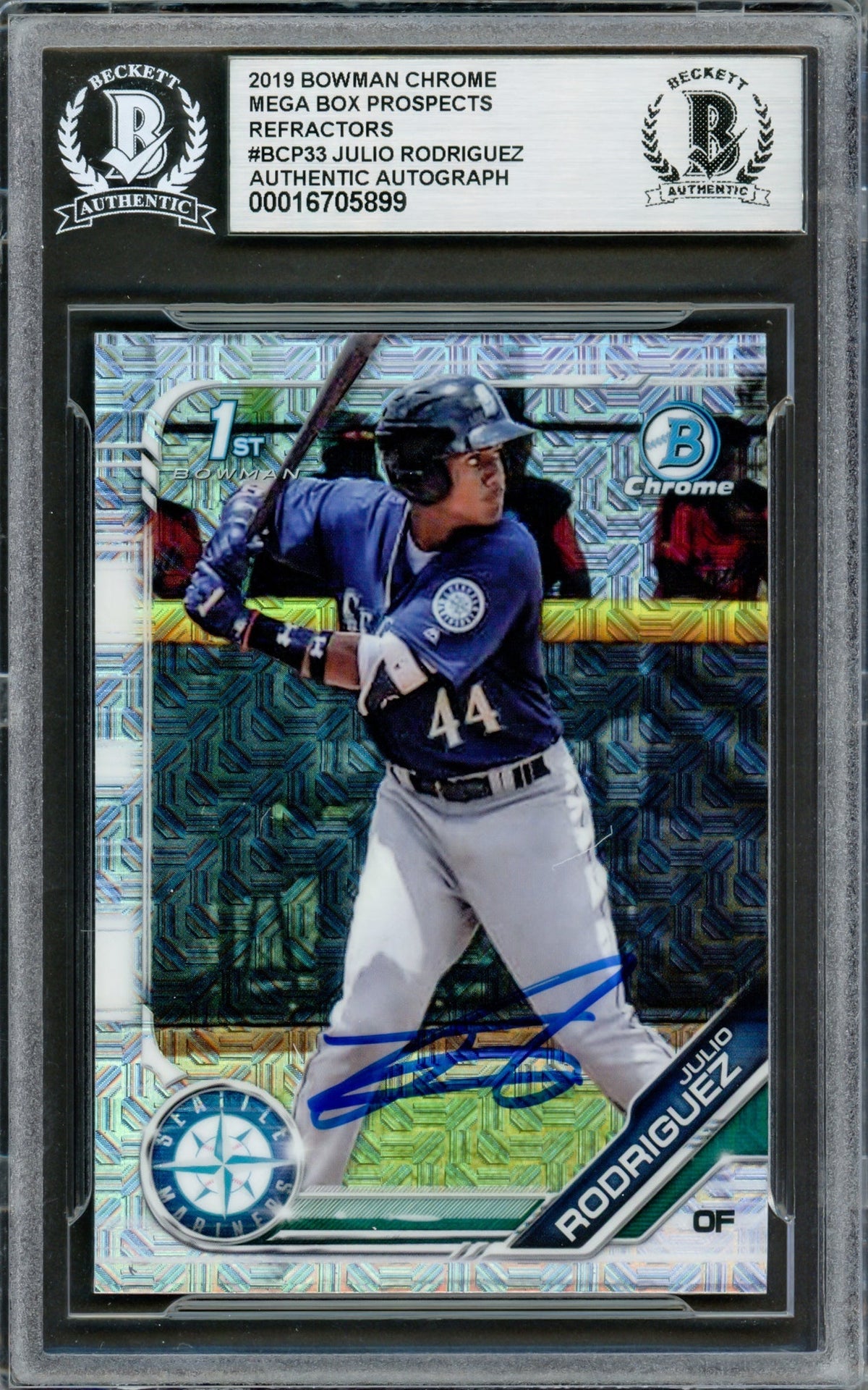 Julio Rodriguez Autographed 2019 1st Bowman Chrome Mega Refractor Rookie Card #BCP33 Seattle Mariners Beckett BAS #16705899