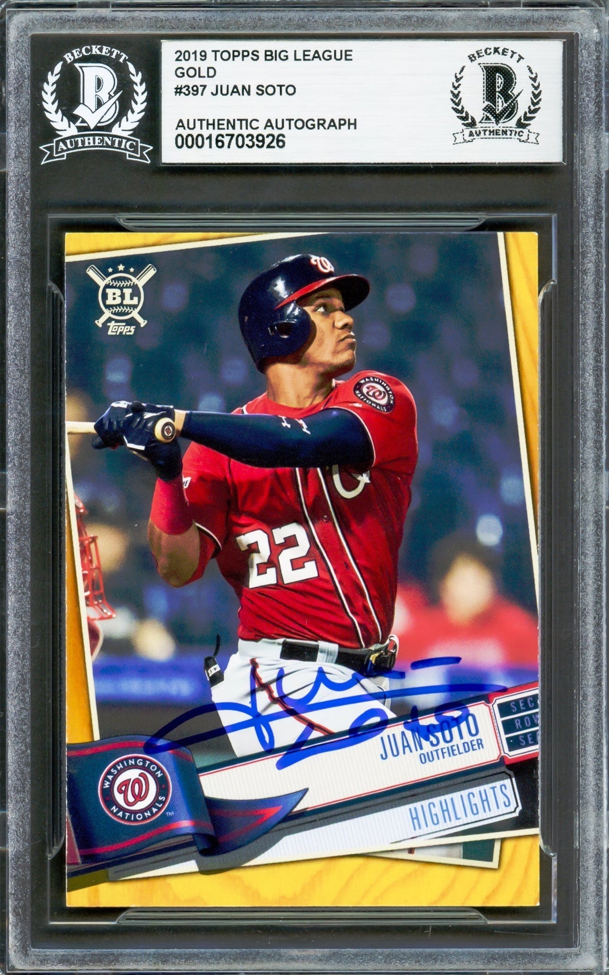 Juan Soto Autographed 2019 Topps Big League Gold Border Card #397 New York Yankees Beckett BAS #16703926