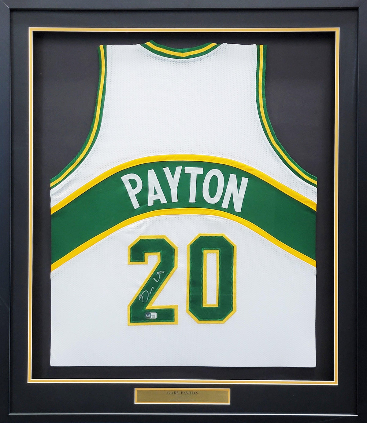 Seattle Supersonics Gary Payton Autographed Framed White Jersey Beckett BAS Stock #206945