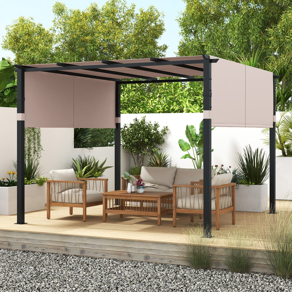 10 x 10 ft Flat Top Pergola with Retractable Canopy for Garden Pool Porch and Backyard (Beige)