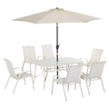 8 Pieces Outdoor Patio Dining Set with Umbrella, 6 Sling Chairs and Table, Cream White