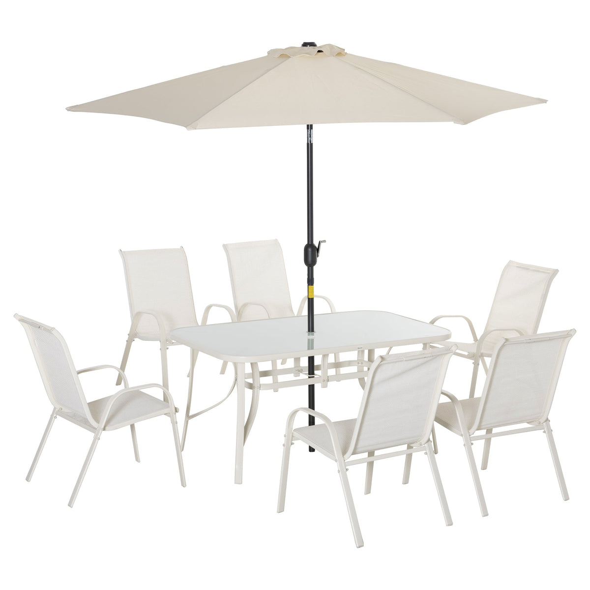 8 Pieces Outdoor Patio Dining Set with Umbrella, 6 Sling Chairs and Table, Cream White