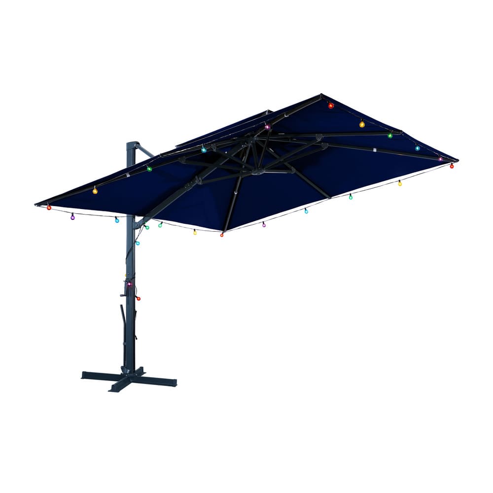 10 FT Square Aluminum Cantilever Patio Umbrella with Hook – Offset Outdoor Umbrella in Navy Blue/Tan/Gray for Patio & Garden (Gray / Base-1)