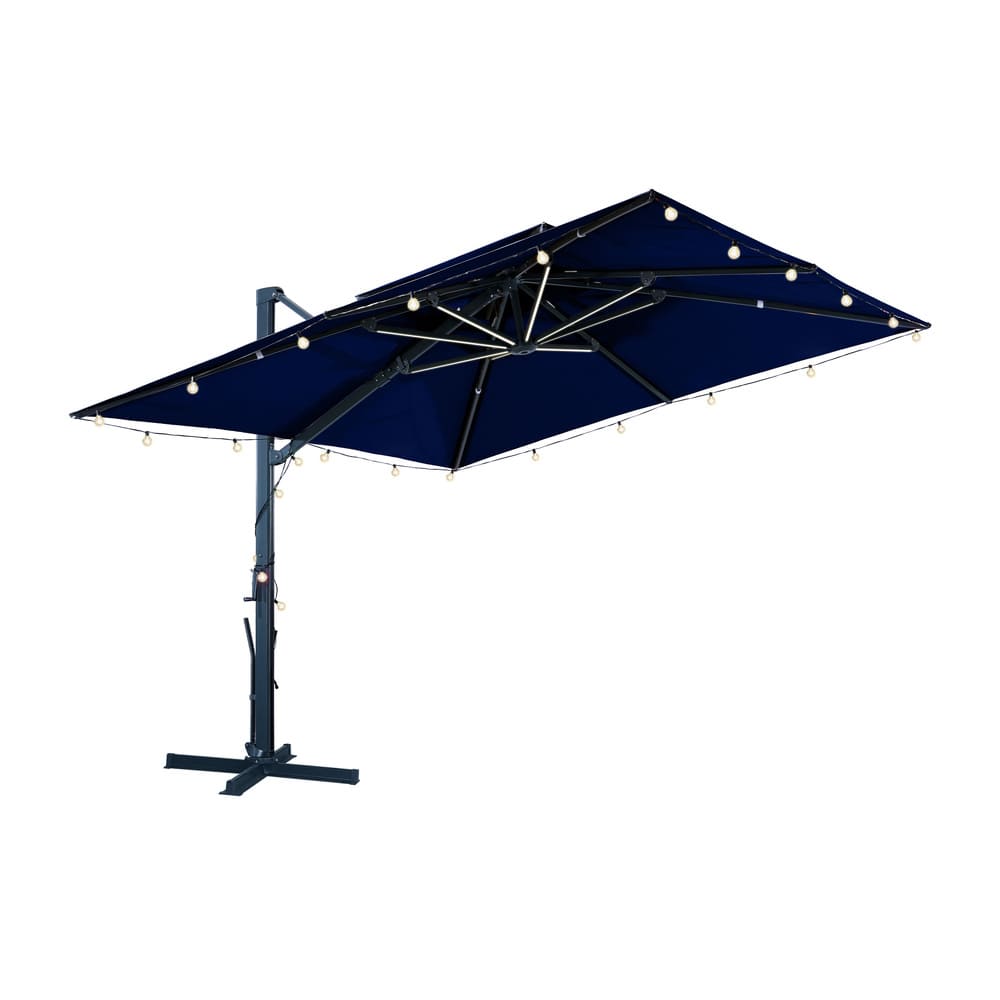 10×10 FT Double Top Aluminum Cantilever Patio Umbrella with LED Lights & Hook – Offset Outdoor Umbrella in Navy Blue/Tan/Gray (Navy Blue / No-Base)
