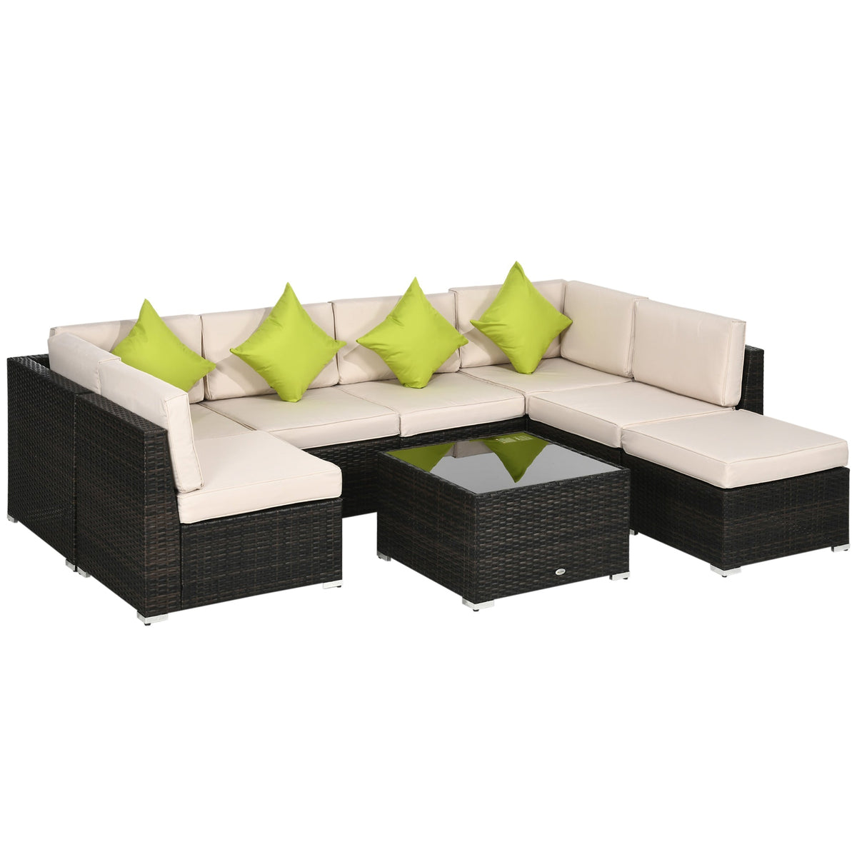 8 Pieces PE Rattan Corner Sofa Set with Cushion, Pillows & Tempered Glass Table, Brown