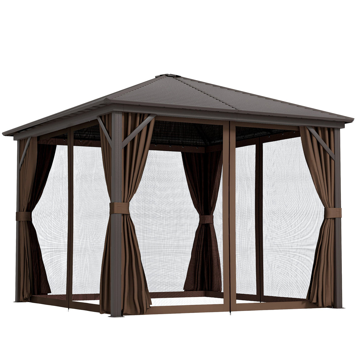 10' x 10' Hardtop Gazebo with Aluminum Frame & Curtains, Dark Brown