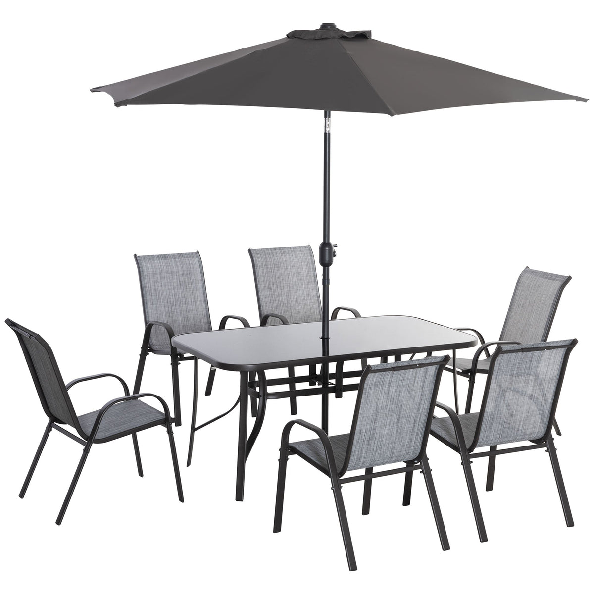 8 Pieces Patio Dining Set with Umbrella, Aluminum Frame Outdoor Table & 6 , Grey