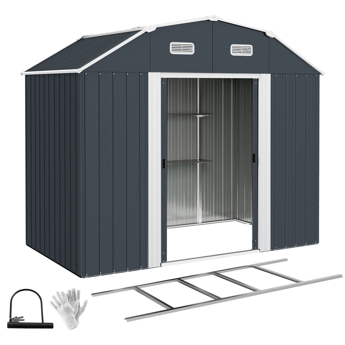 8' x 4' Galvanized Garden Shed with Adjustable Shelves, Foundation Kit, Dark Grey